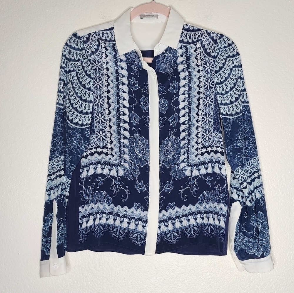 EMMA COOK Blue Silk Button Down Blouse 8